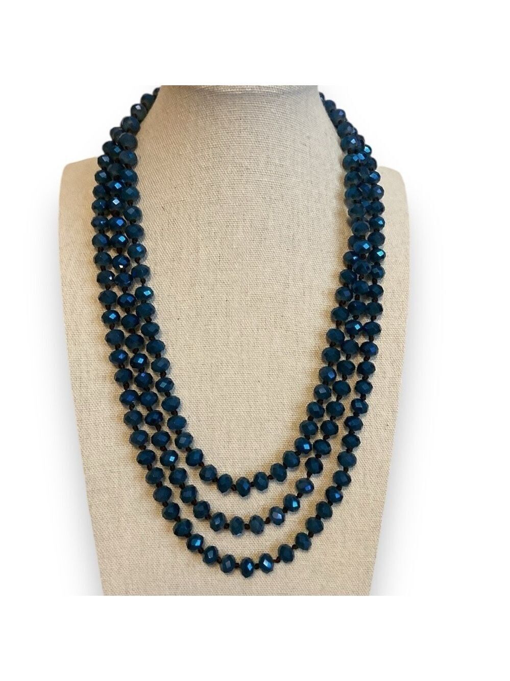 Vintage Bead Necklace Crystal Hand Knotted Blue 31”